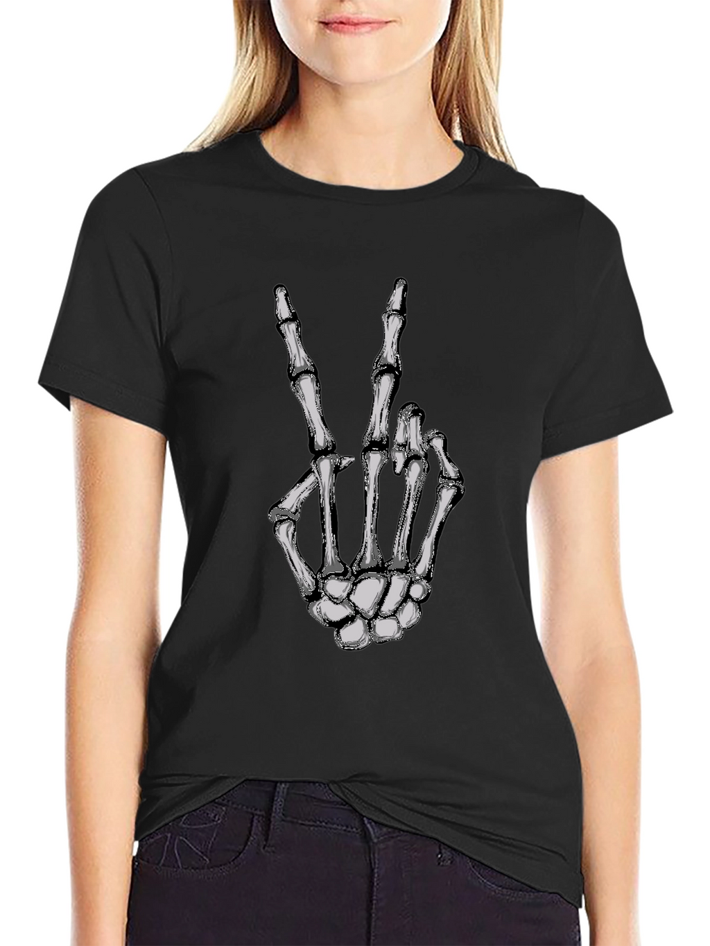 Skeleton Hand Peace Sign Graphic Tee - Black