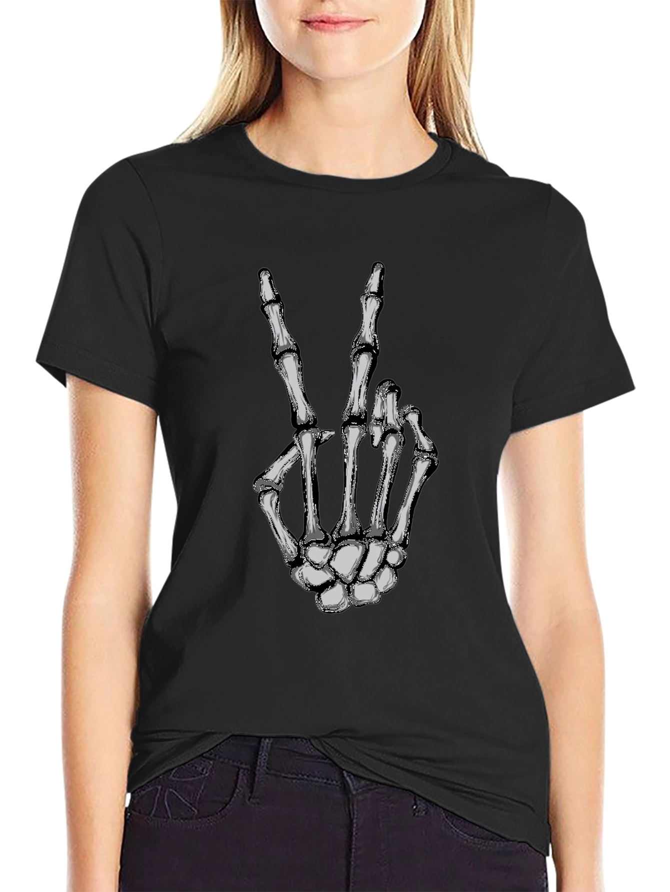 Skeleton Hand Peace Sign Graphic Tee - Black