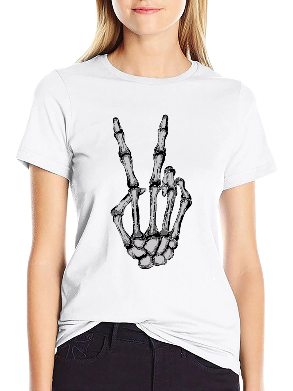 Skeleton Hand Peace Sign Graphic Tee - Black