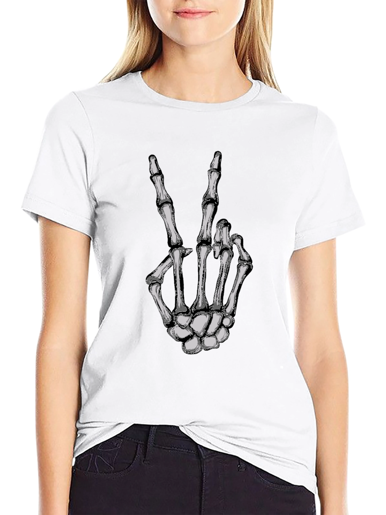 Skeleton Hand Peace Sign Graphic Tee - Black