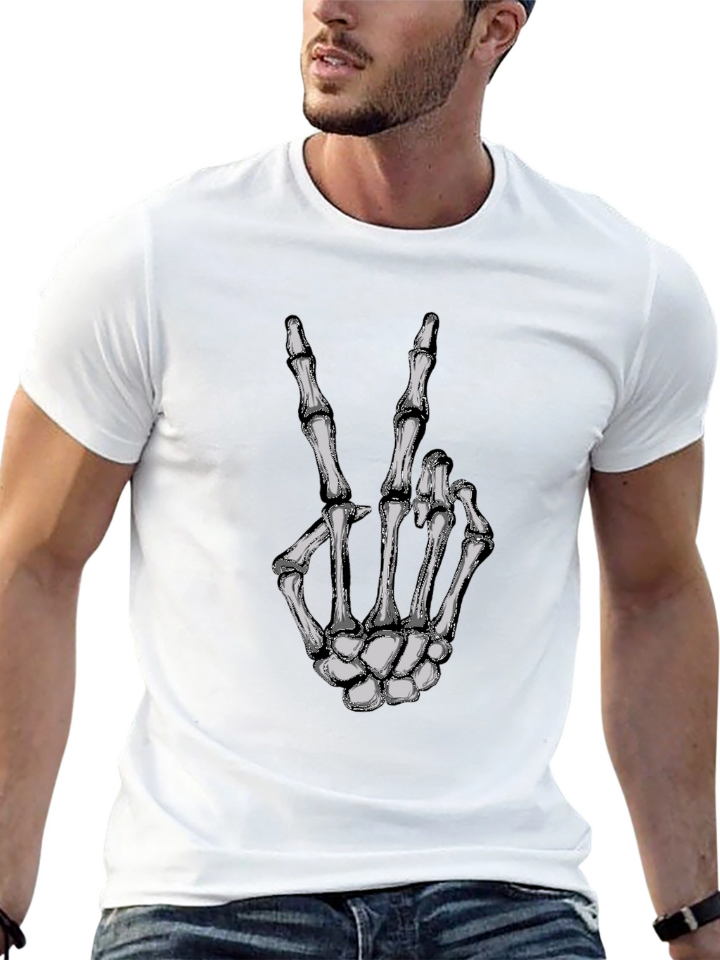 Skeleton Hand Peace Sign Graphic Tee - Black
