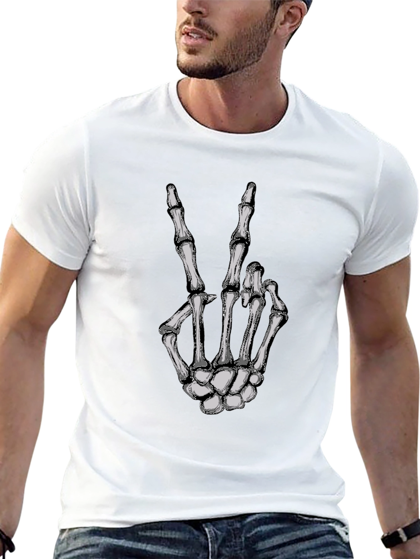 Skeleton Hand Peace Sign Graphic Tee - Black