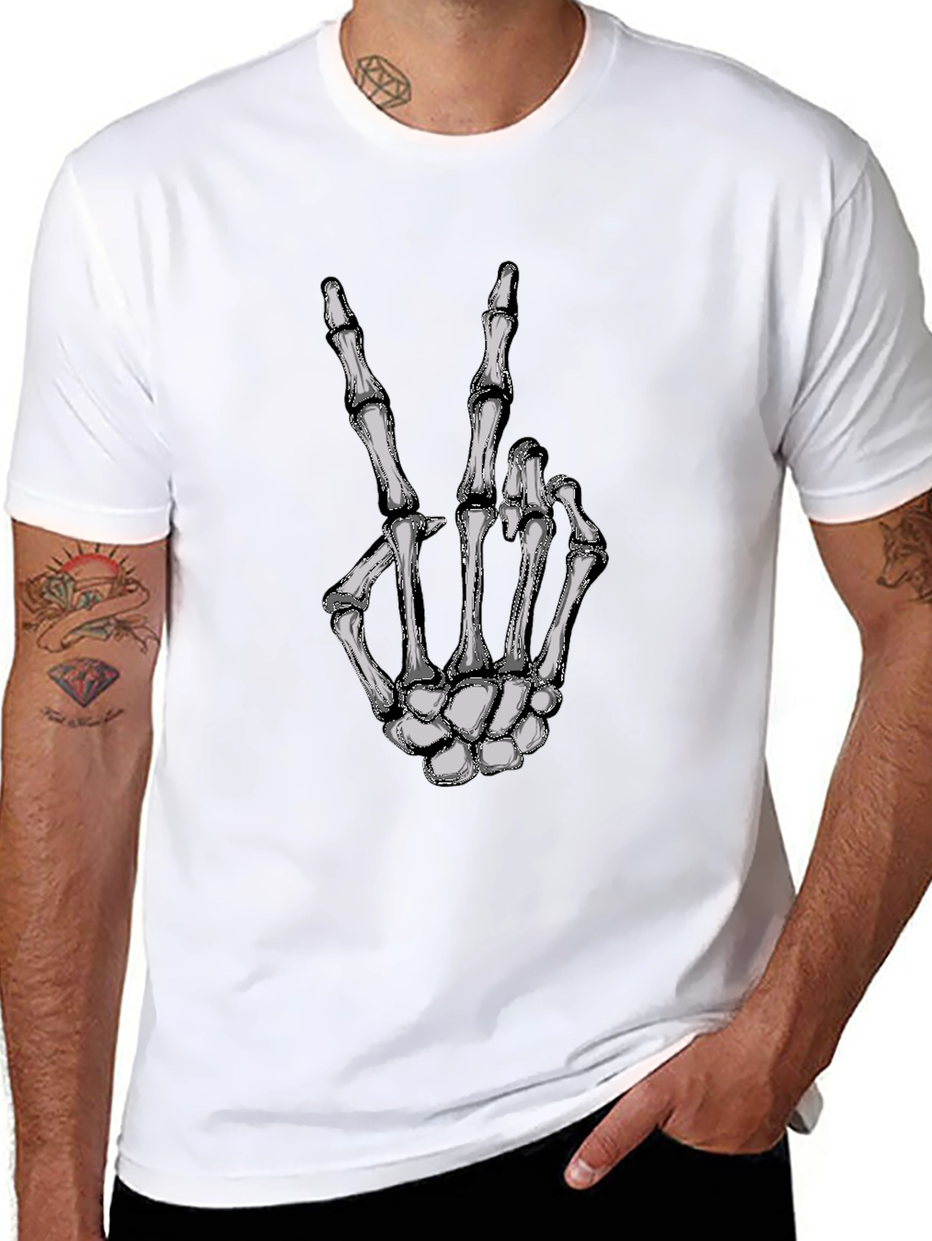 Skeleton Hand Peace Sign Graphic Tee - Black
