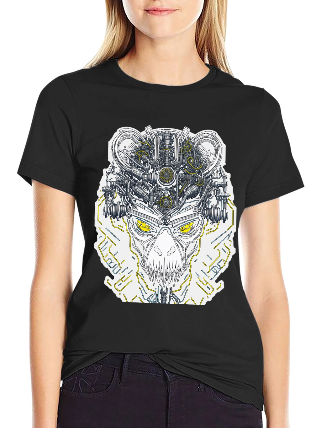 Robotic Skull Graphic Print Tee - Black