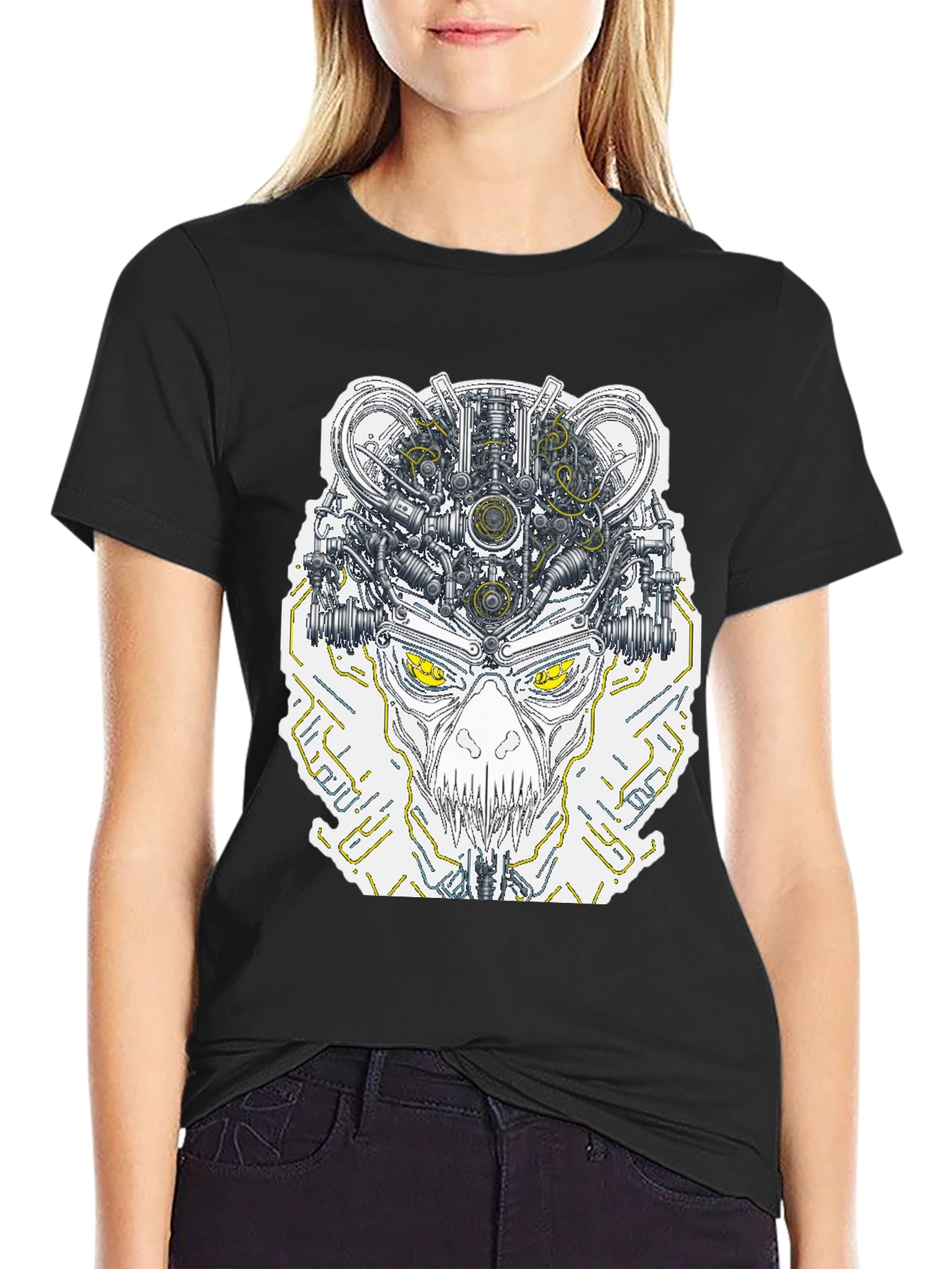 Robotic Skull Graphic Print Tee - Black