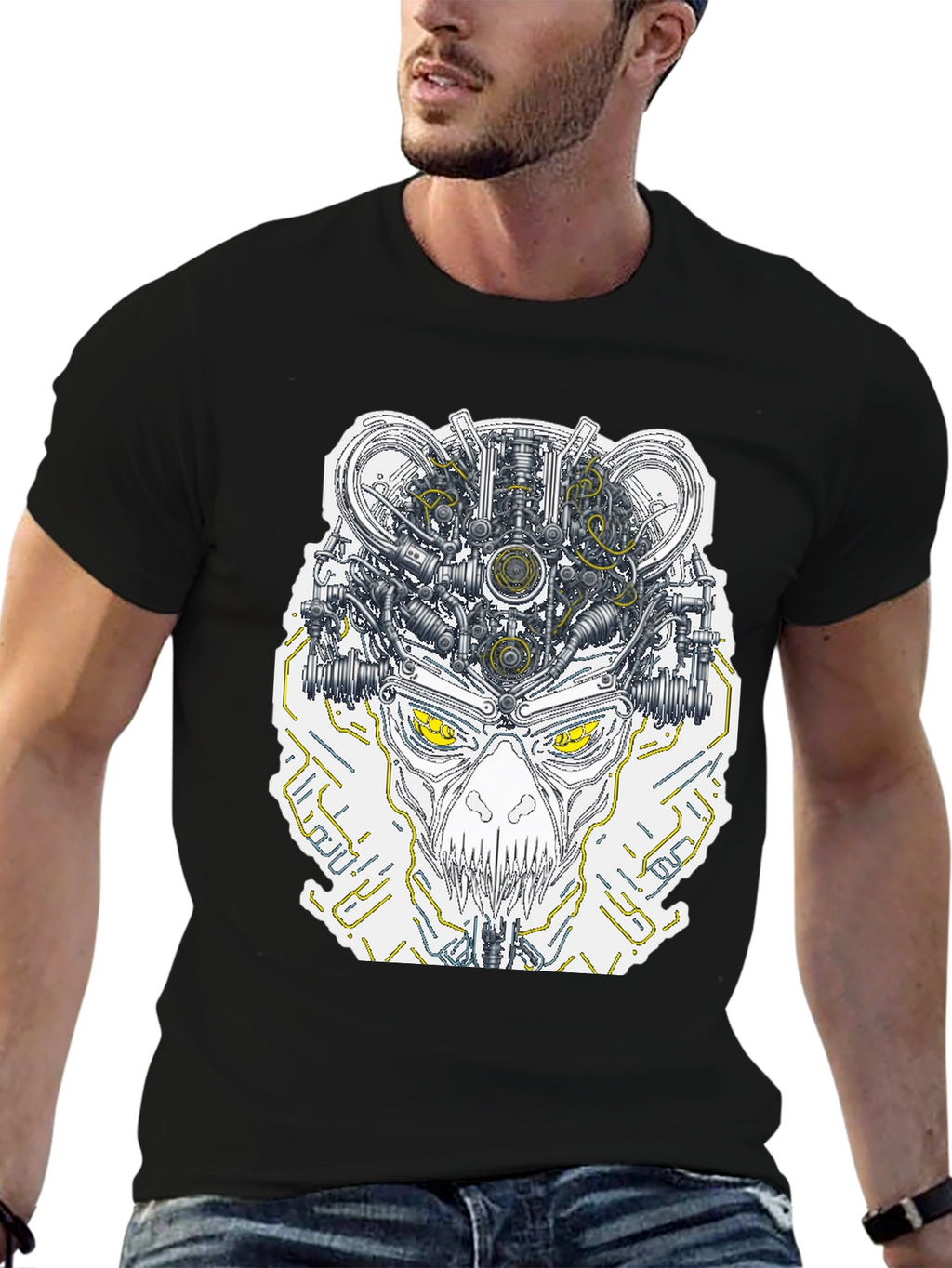 Robotic Skull Graphic Print Tee - Black