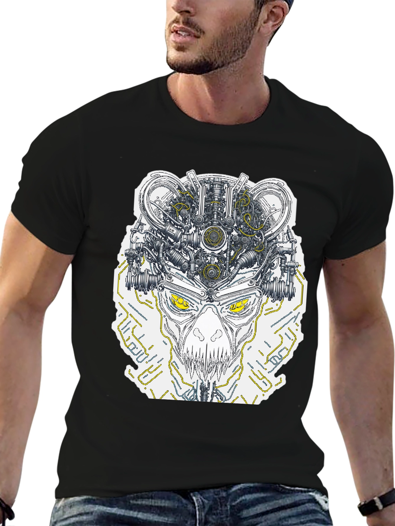 Robotic Skull Graphic Print Tee - Black