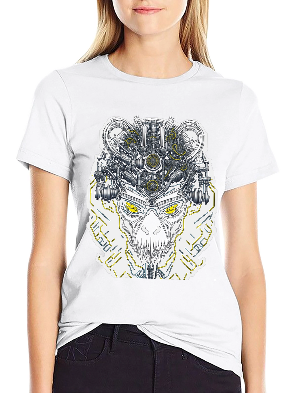 Robotic Skull Graphic Print Tee - Black
