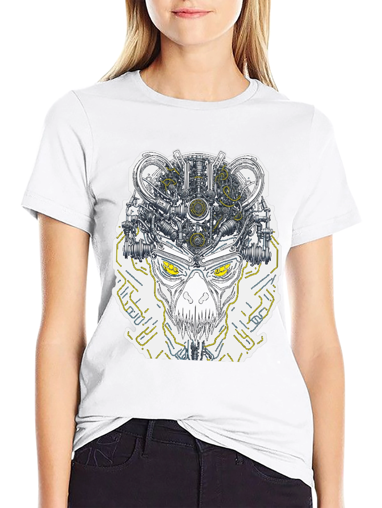 Robotic Skull Graphic Print Tee - Black