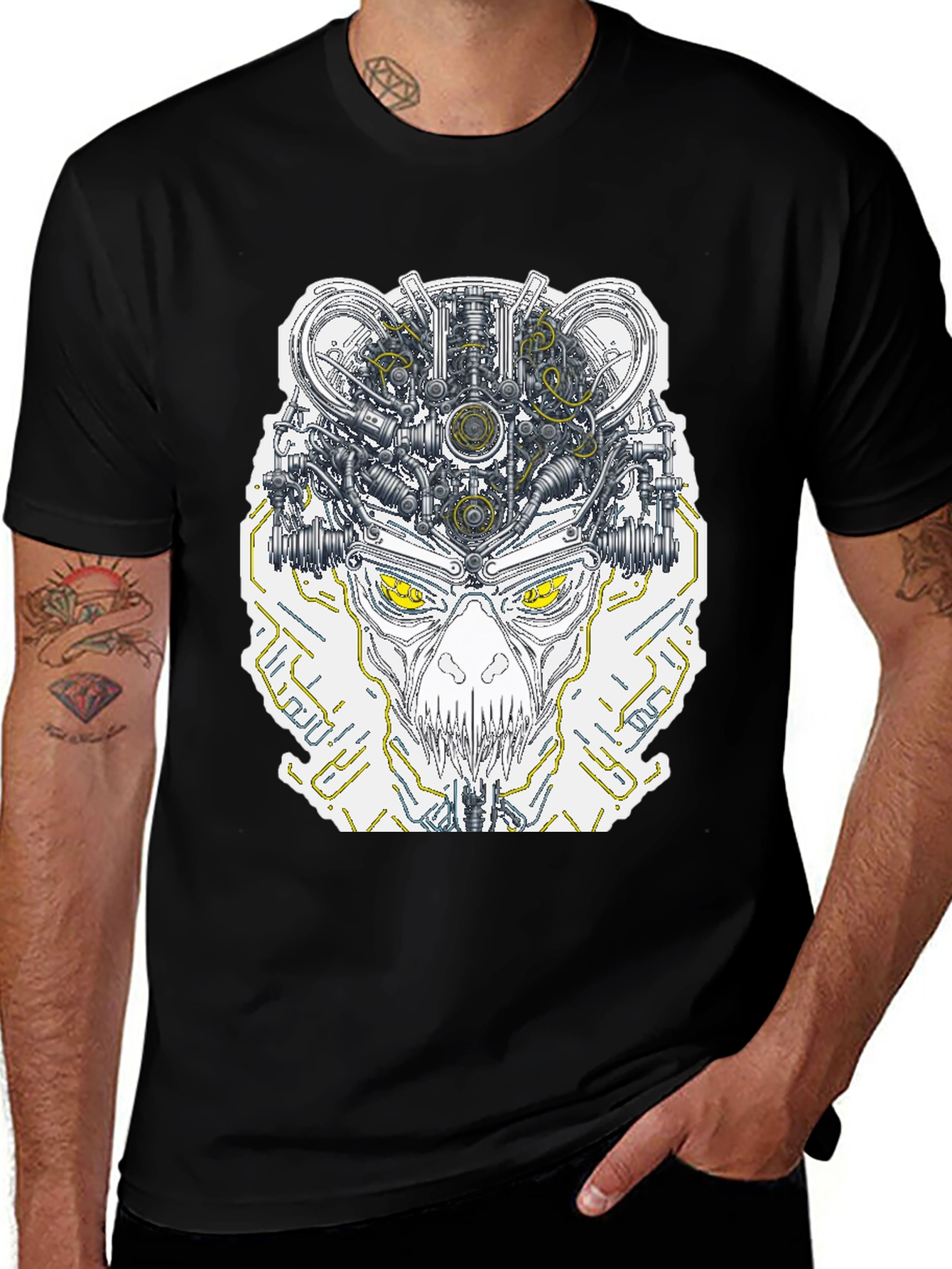 Robotic Skull Graphic Print Tee - Black