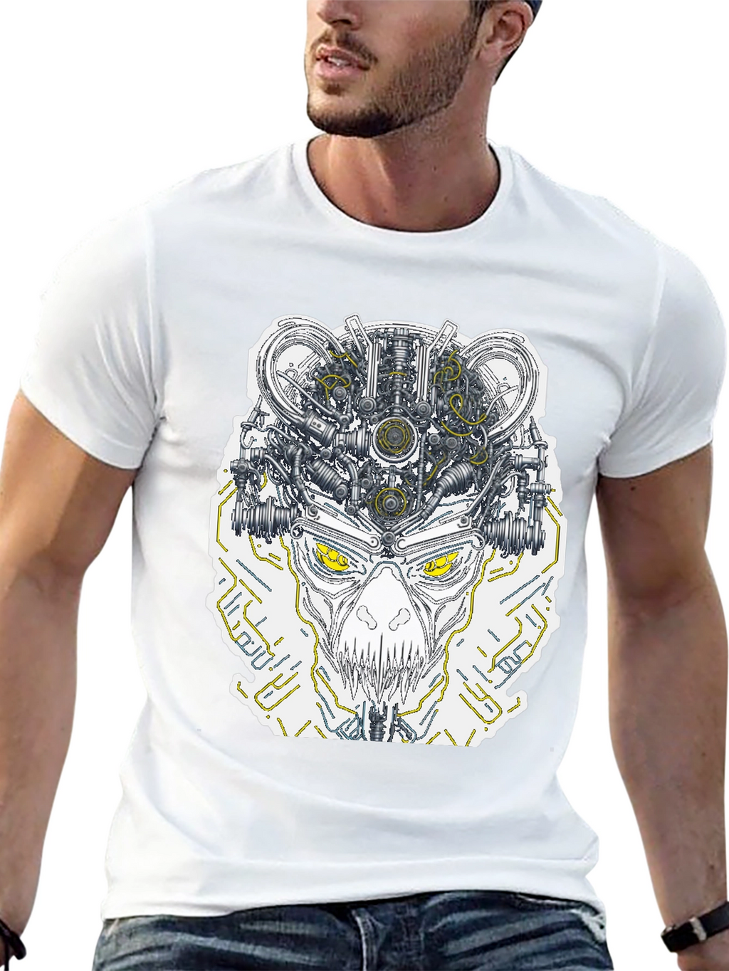 Robotic Skull Graphic Print Tee - Black