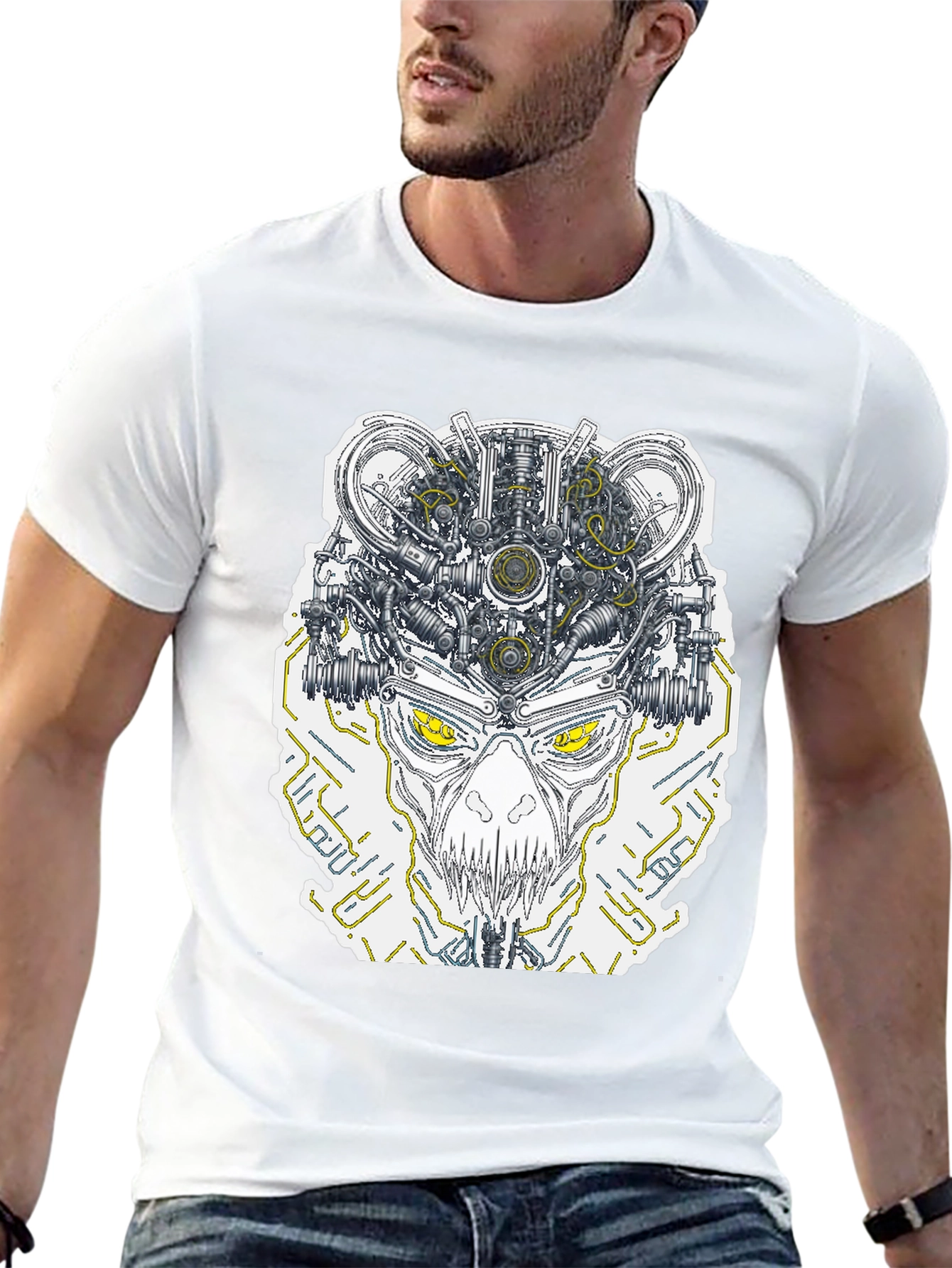 Robotic Skull Graphic Print Tee - Black