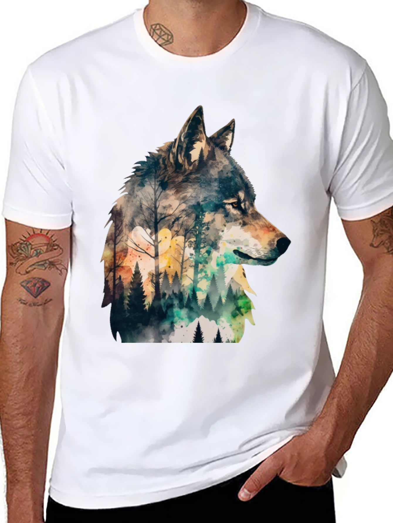 Wolf Forest Print T-Shirt - Nature Inspired Tee
