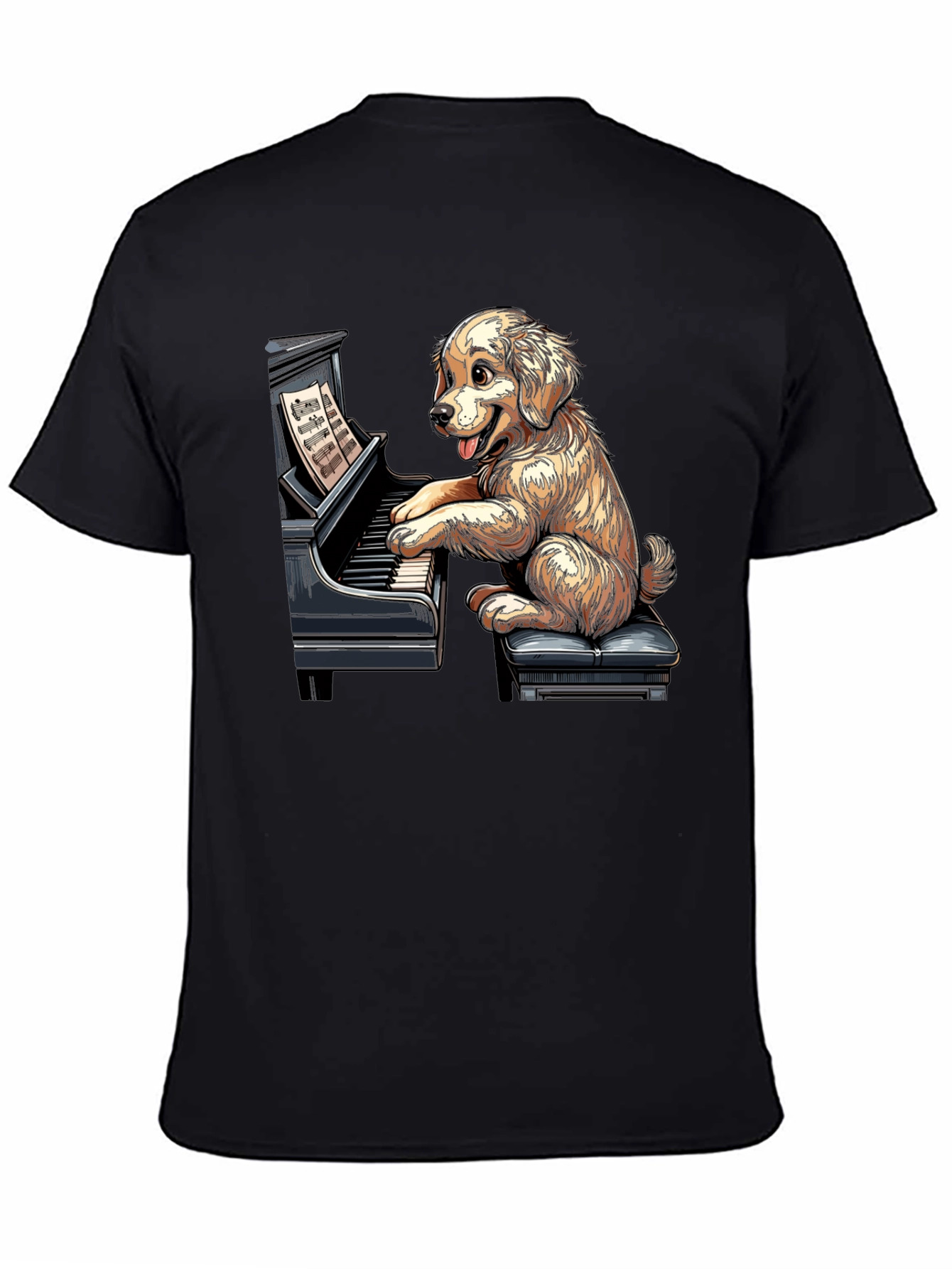 Dog Playing Piano Graphic Tee - Unisex Black T-Shirt