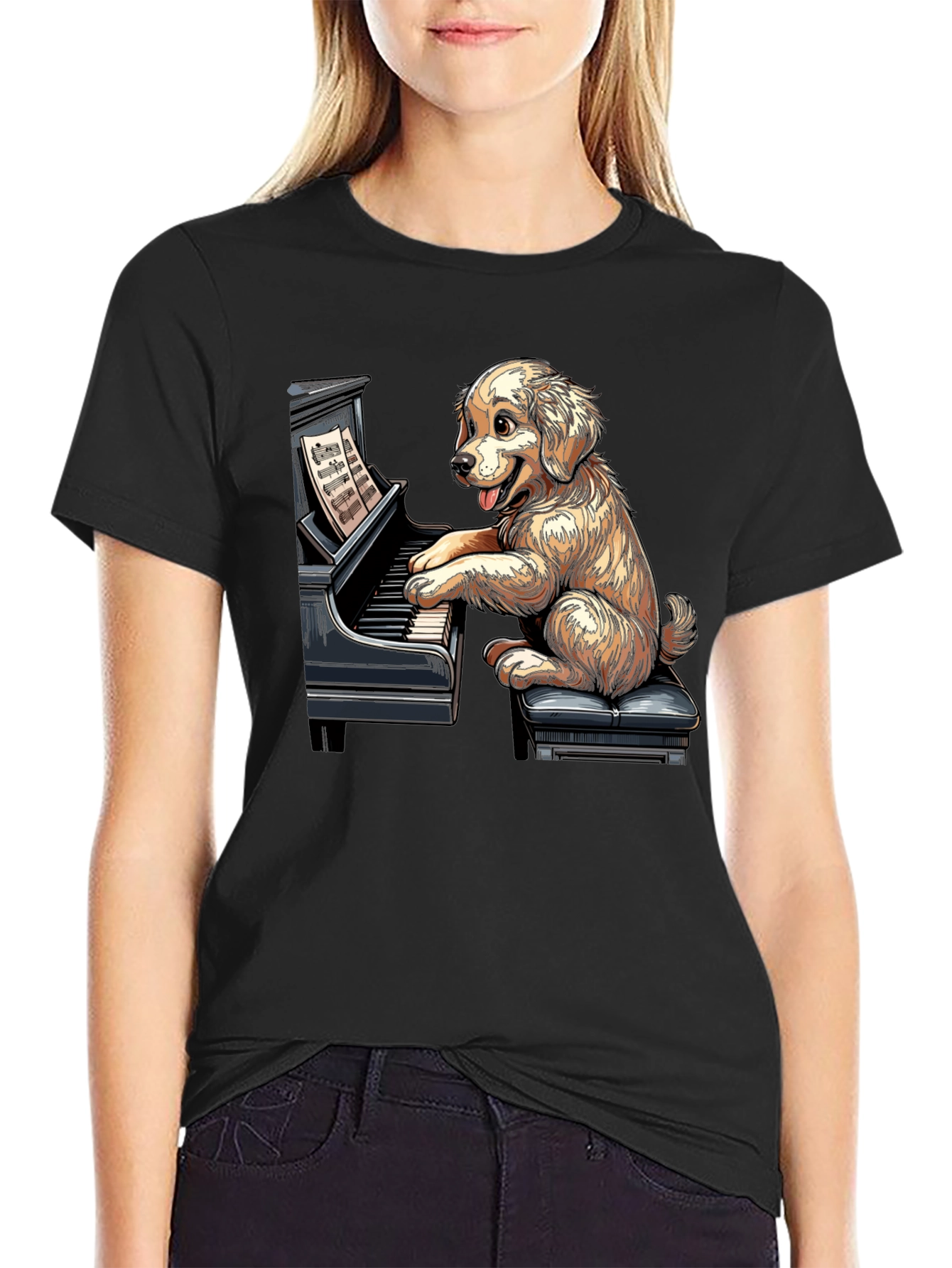 Dog Playing Piano Graphic Tee - Unisex Black T-Shirt