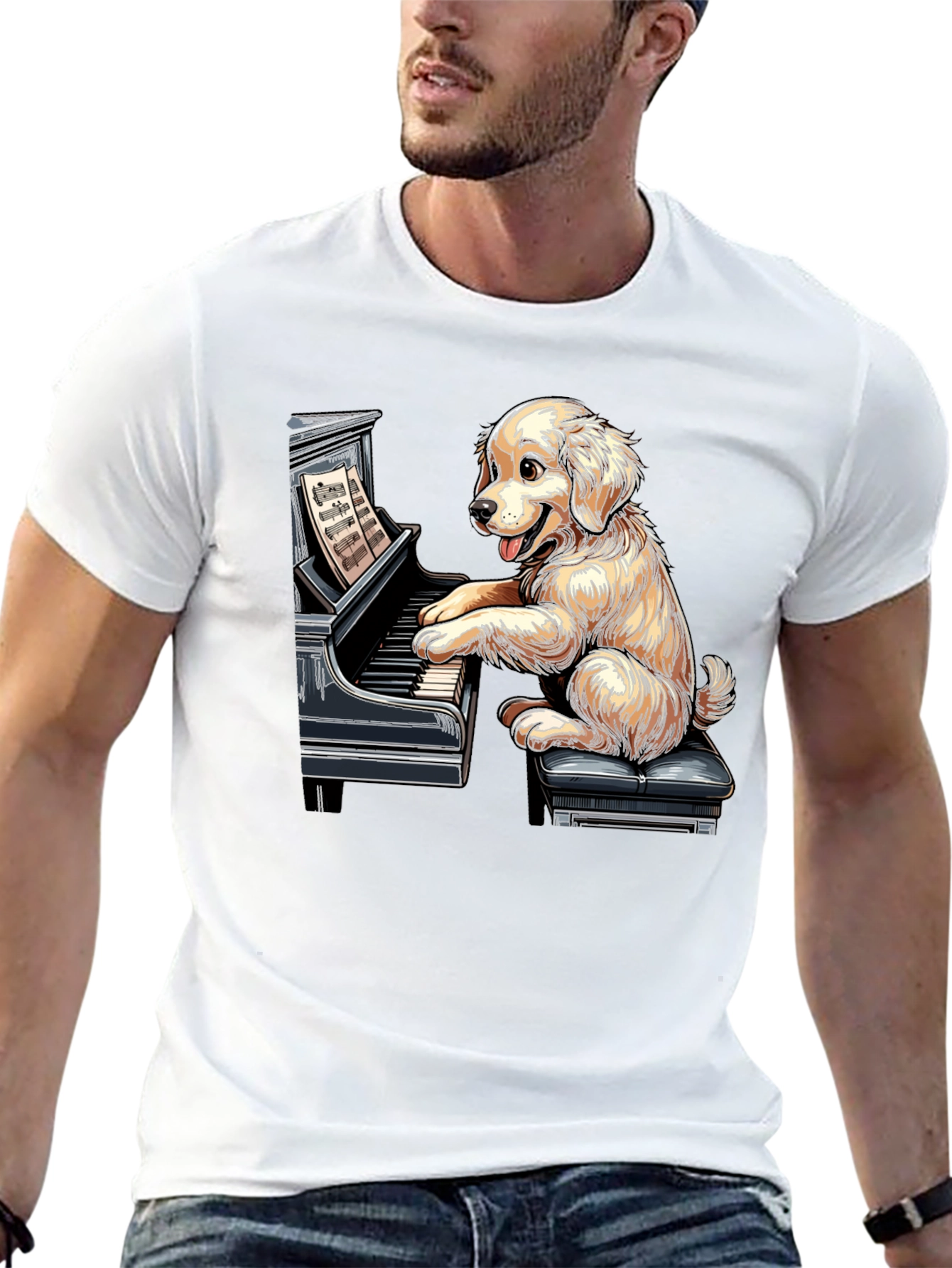 Dog Playing Piano Graphic Tee - Unisex Black T-Shirt