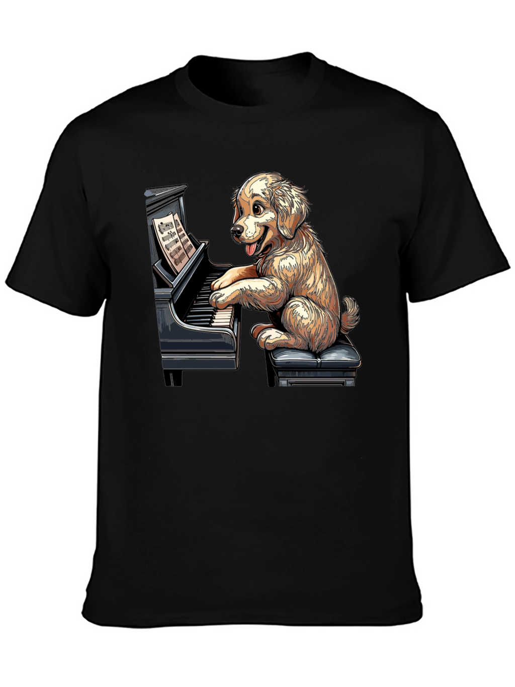 Dog Playing Piano Graphic Tee - Unisex Black T-Shirt