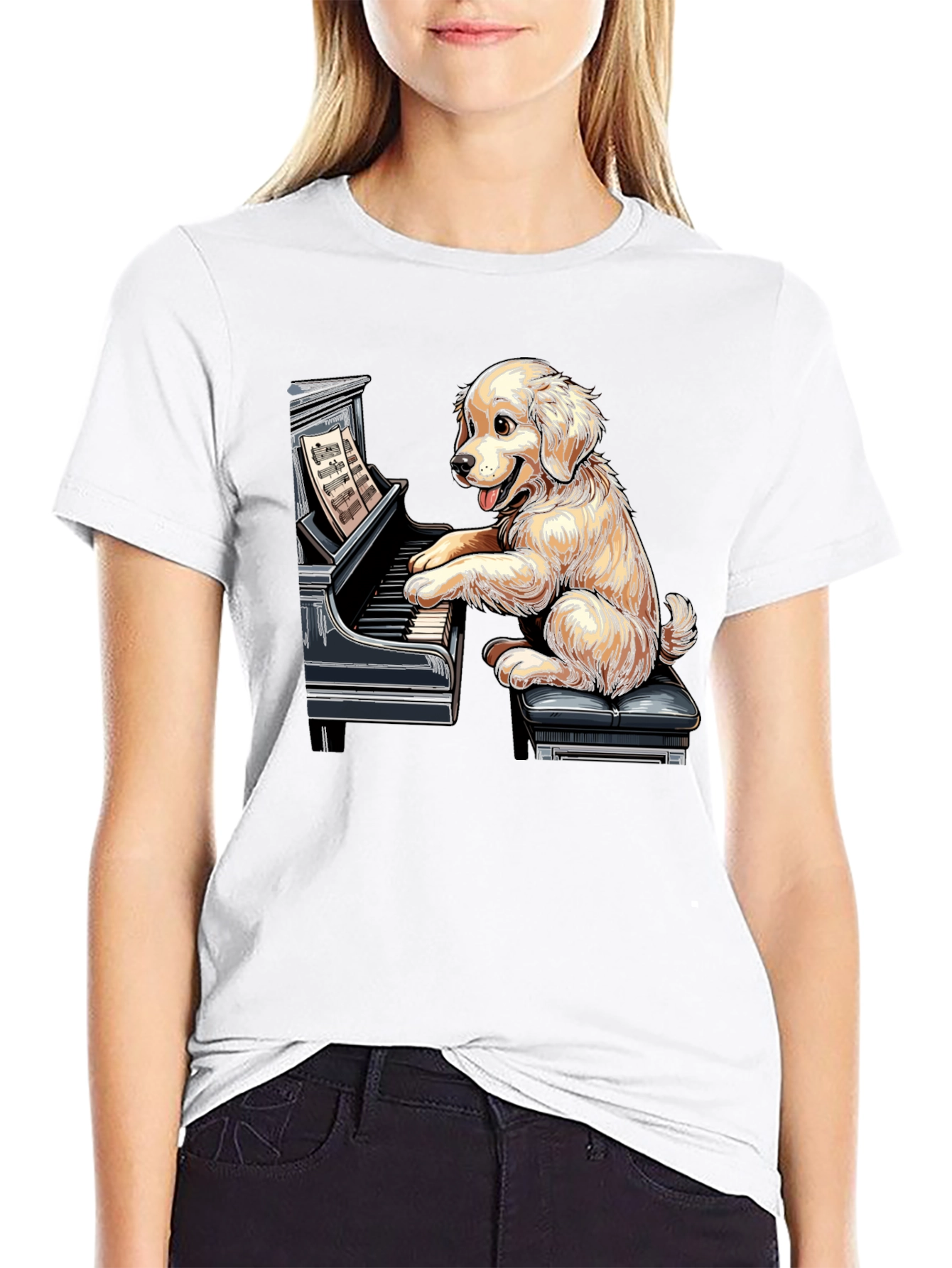 Dog Playing Piano Graphic Tee - Unisex Black T-Shirt