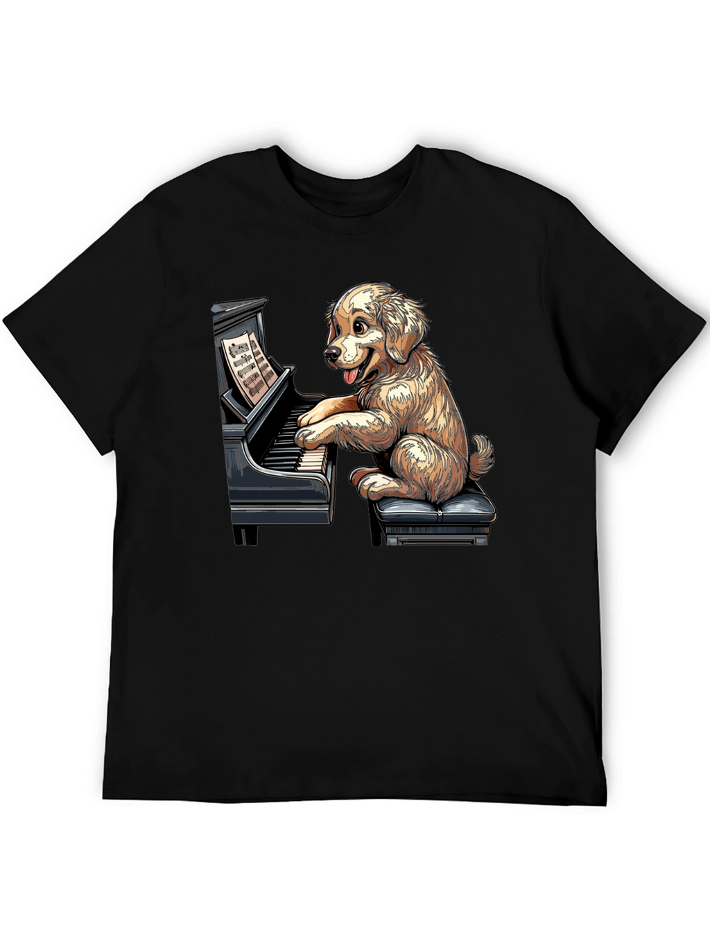 Dog Playing Piano Graphic Tee - Unisex Black T-Shirt