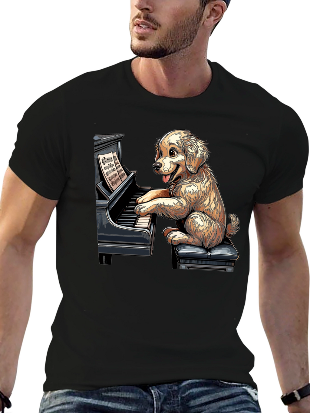 Dog Playing Piano Graphic Tee - Unisex Black T-Shirt