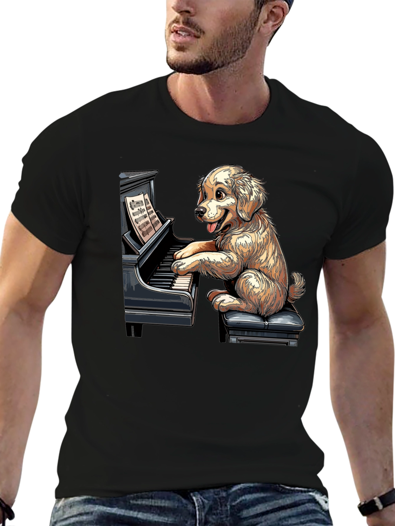 Dog Playing Piano Graphic Tee - Unisex Black T-Shirt