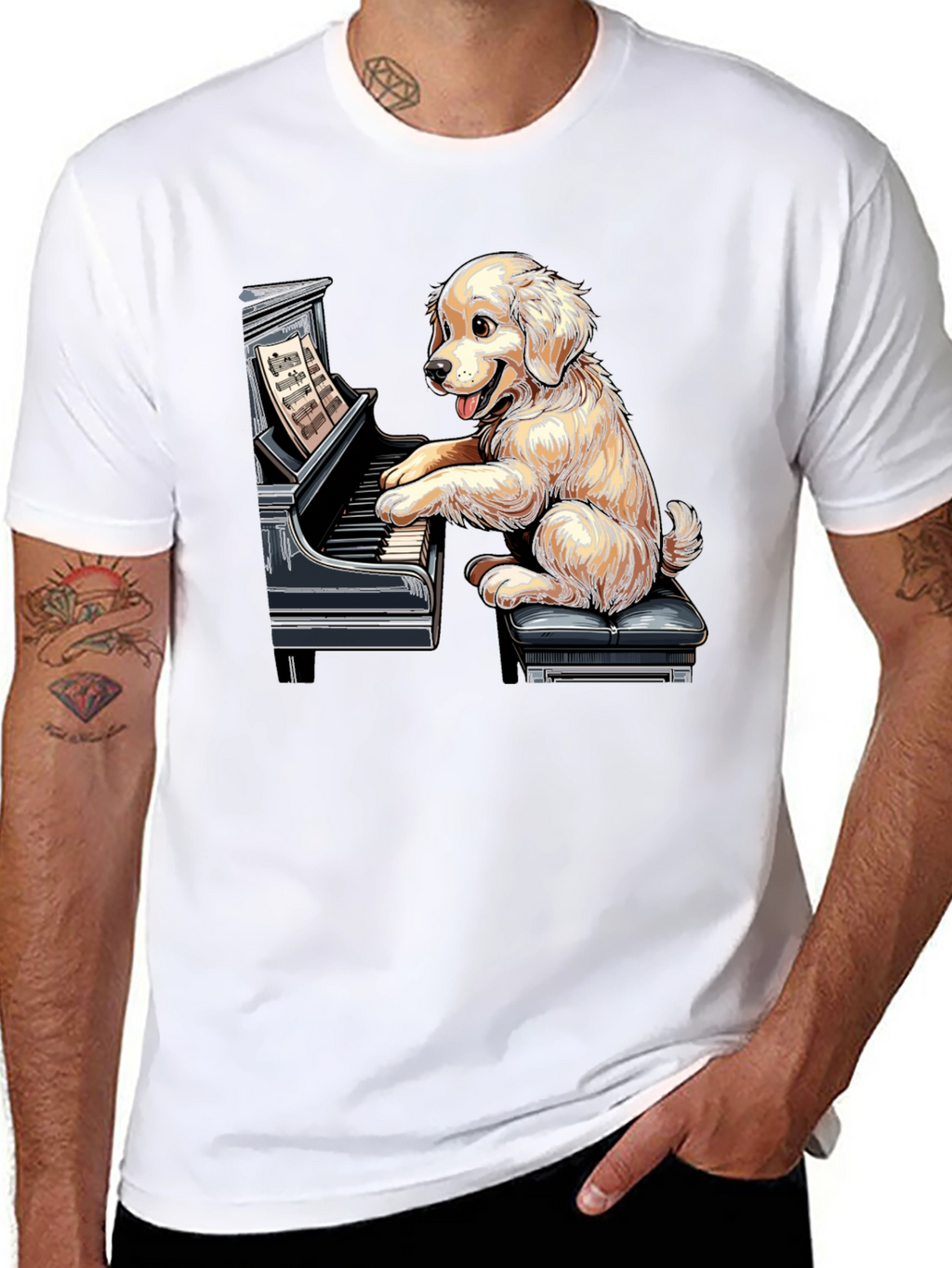 Dog Playing Piano Graphic Tee - Unisex Black T-Shirt