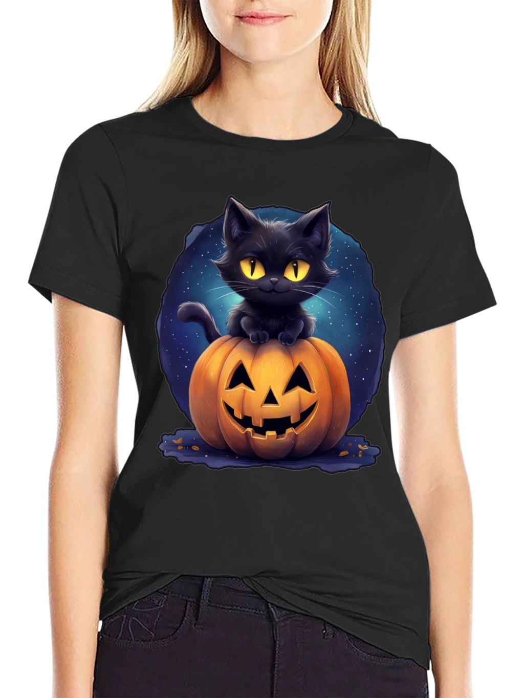 Black Cat & Pumpkin Graphic Tee - Halloween
