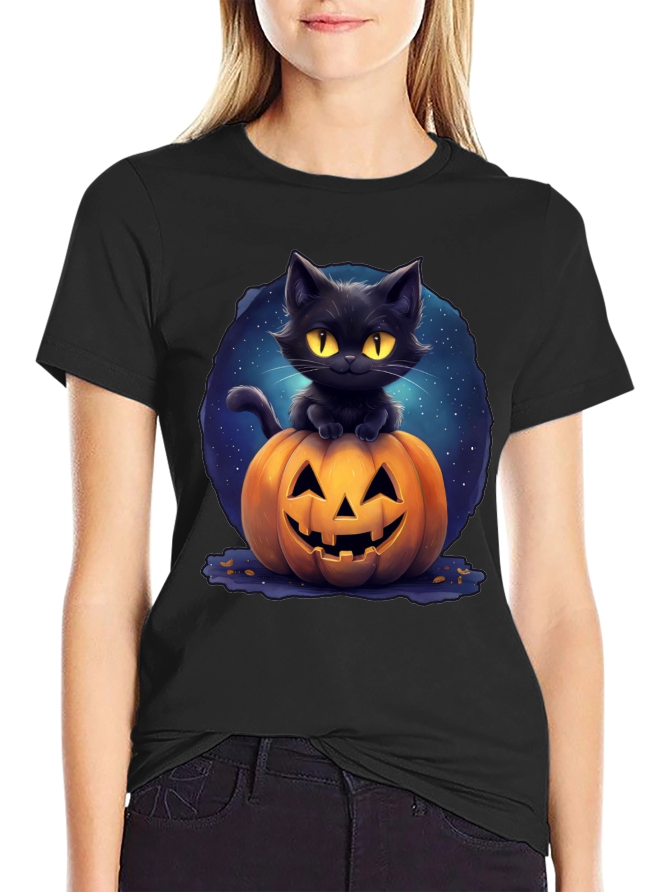 Black Cat & Pumpkin Graphic Tee - Halloween
