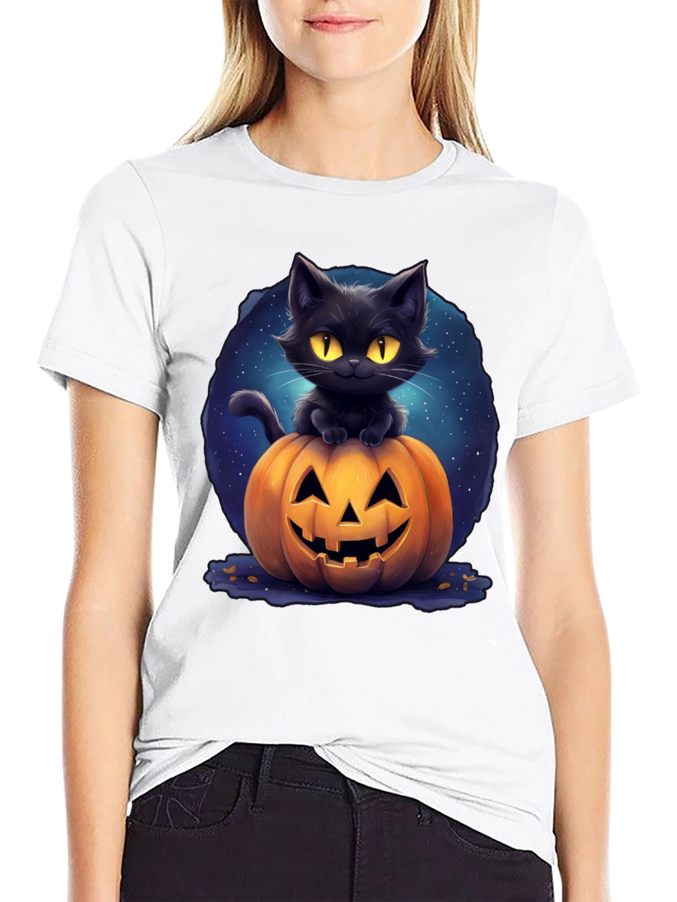 Black Cat & Pumpkin Graphic Tee - Halloween