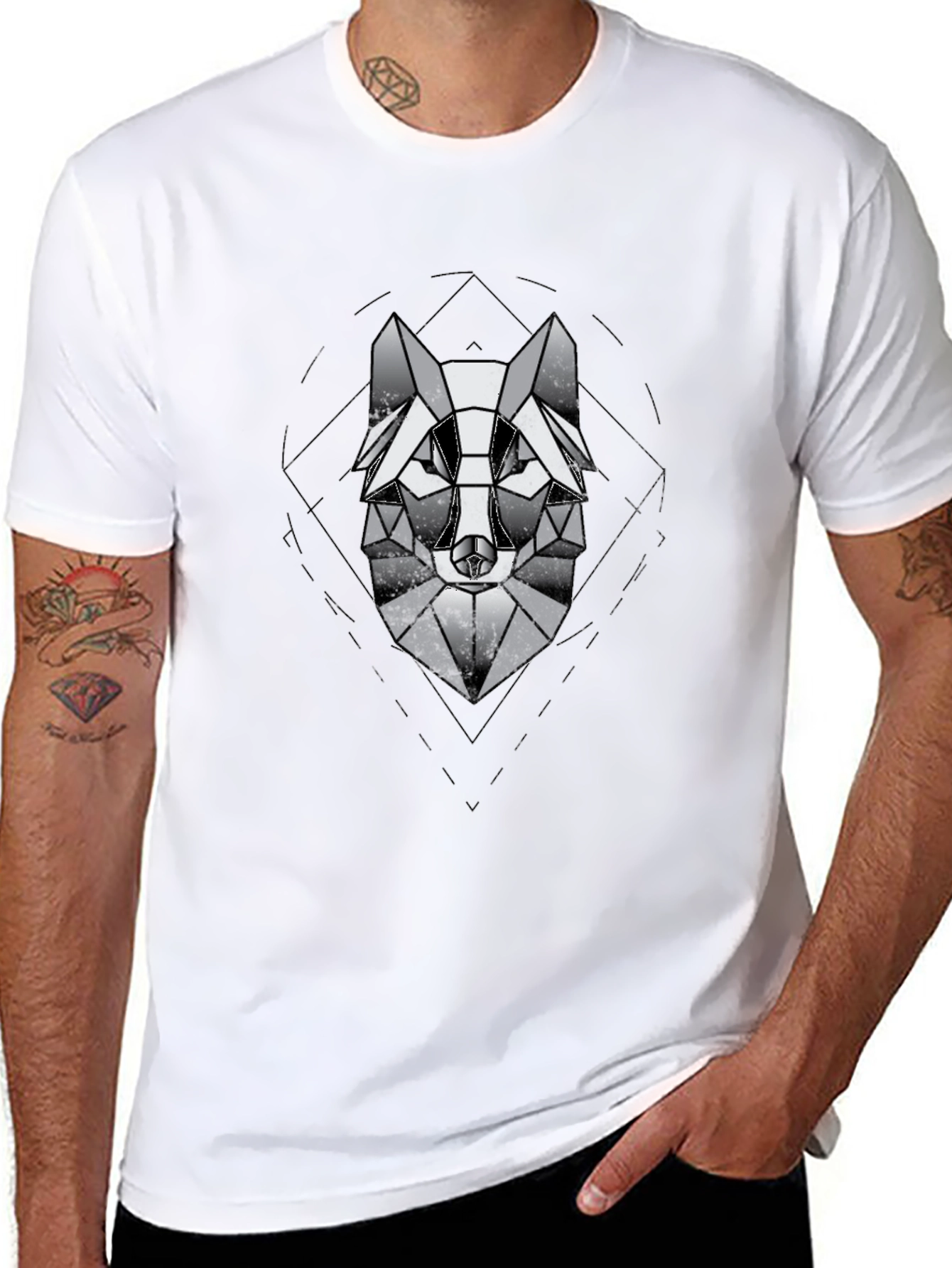 Geometric Wolf Graphic Black T-Shirt