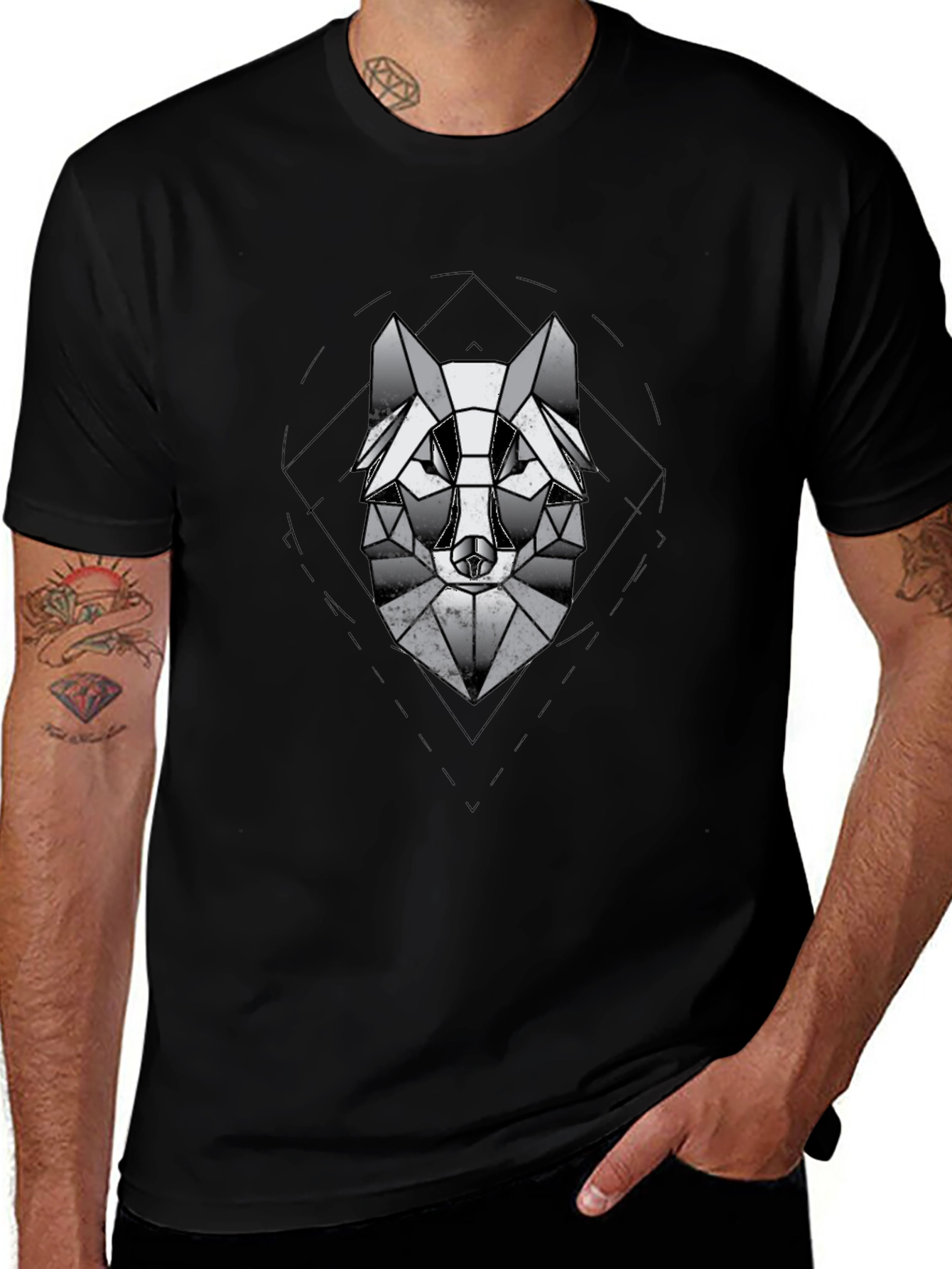 Geometric Wolf Graphic Black T-Shirt