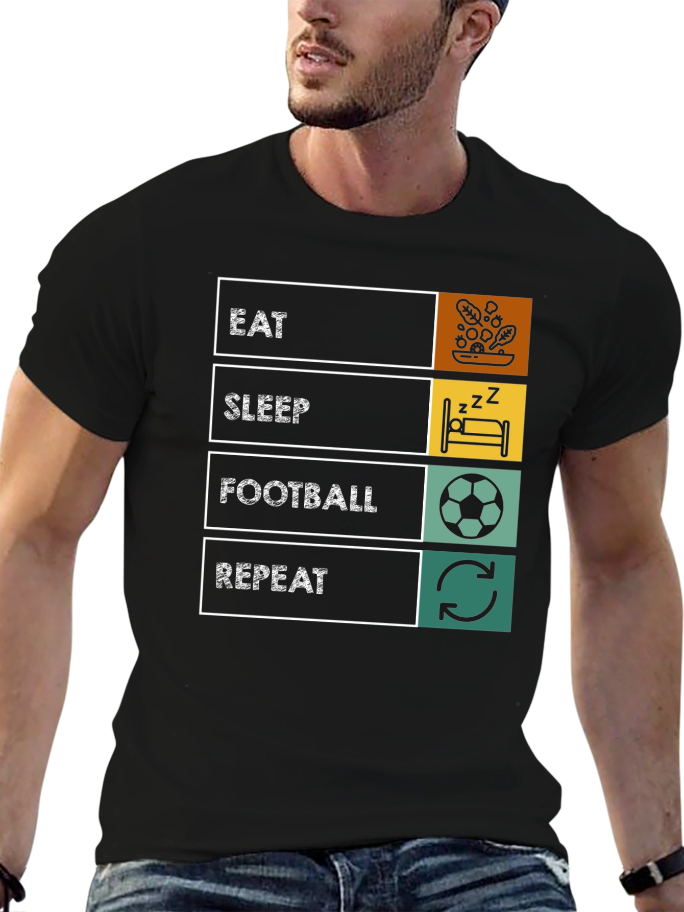 Eat Sleep Football Repeat T-Shirt - Black Graphic Tee