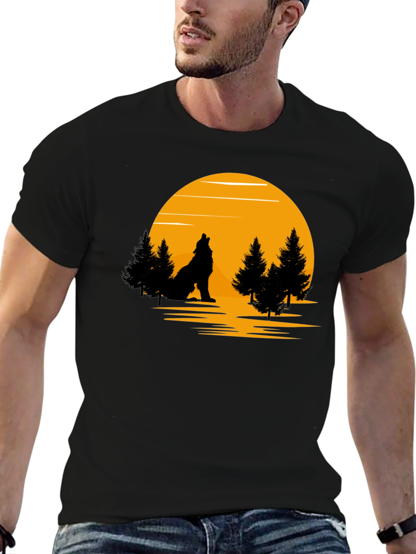Wolf Howling at Moon Graphic T-Shirt - Black