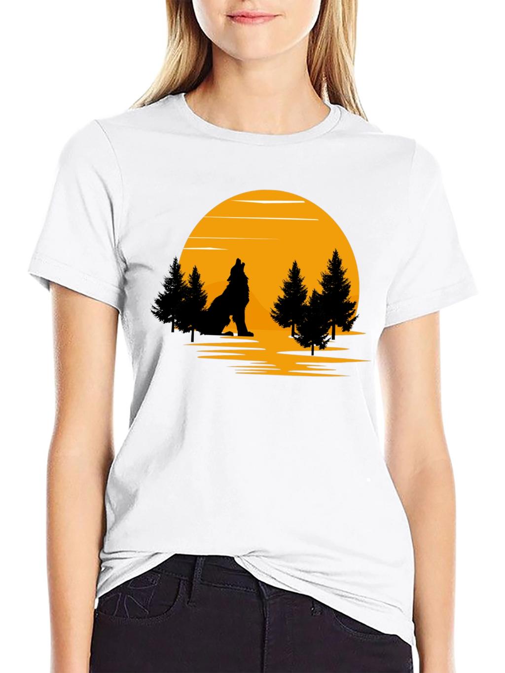 Wolf Howling at Moon Graphic T-Shirt - Black