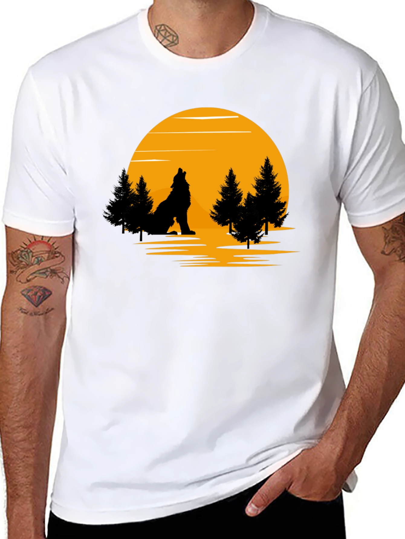 Wolf Howling at Moon Graphic T-Shirt - Black