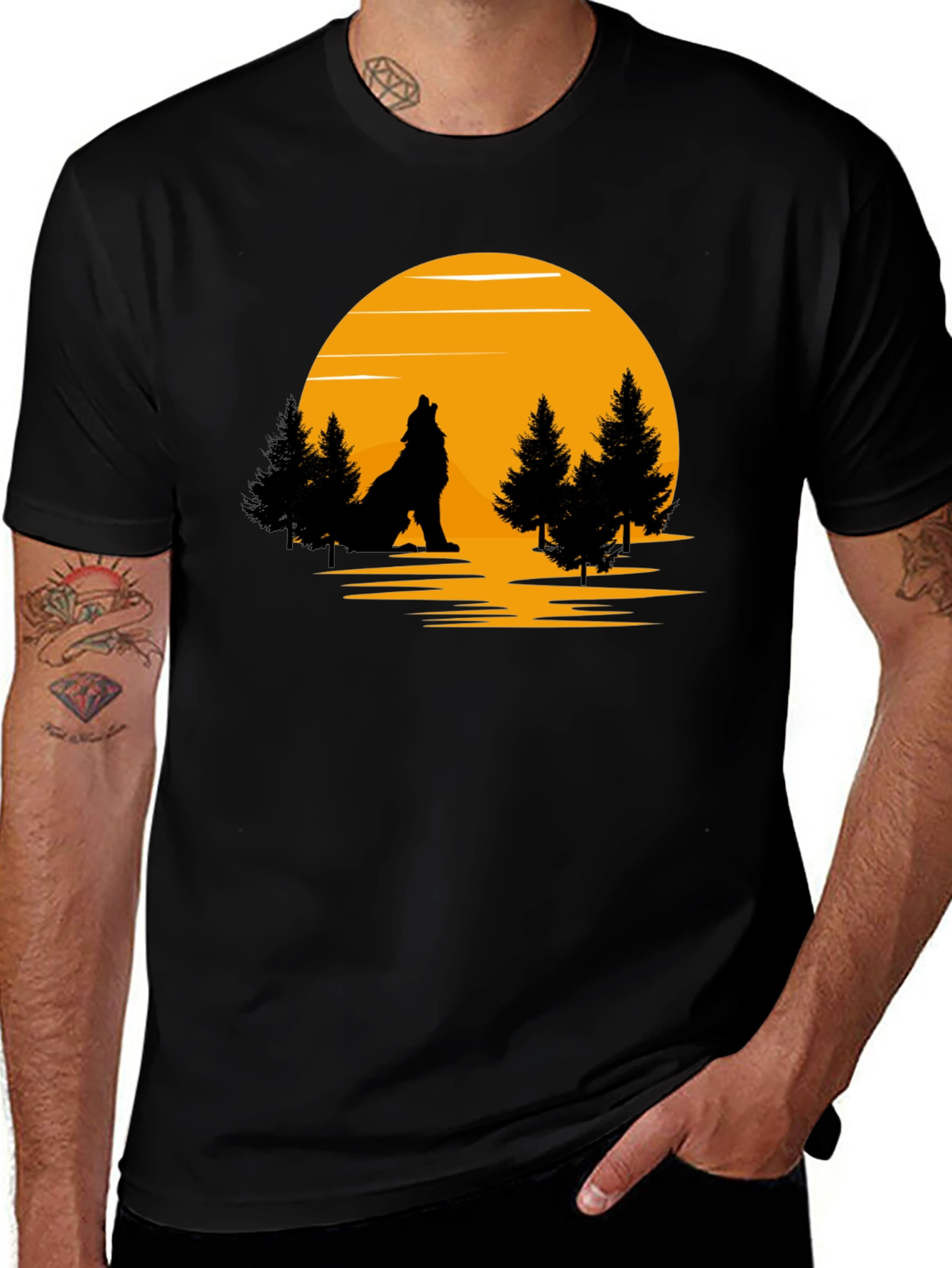Wolf Howling at Moon Graphic T-Shirt - Black