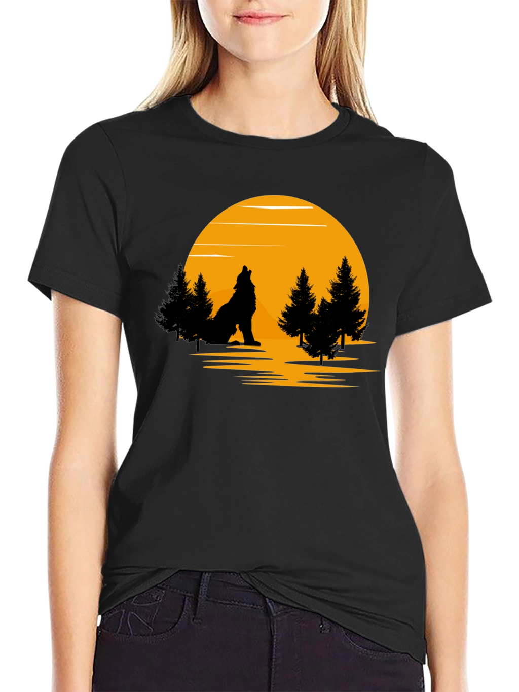 Wolf Howling at Moon Graphic T-Shirt - Black