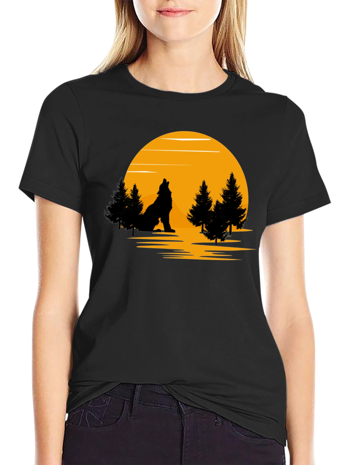 Wolf Howling at Moon Graphic T-Shirt - Black