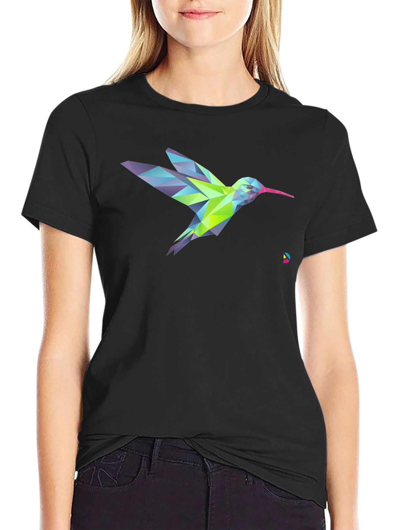 Geometric Hummingbird Graphic Print Black T-Shirt