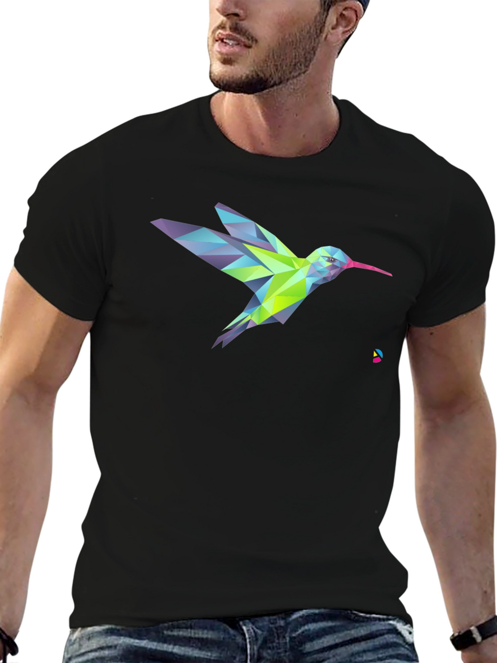 Geometric Hummingbird Graphic Print Black T-Shirt