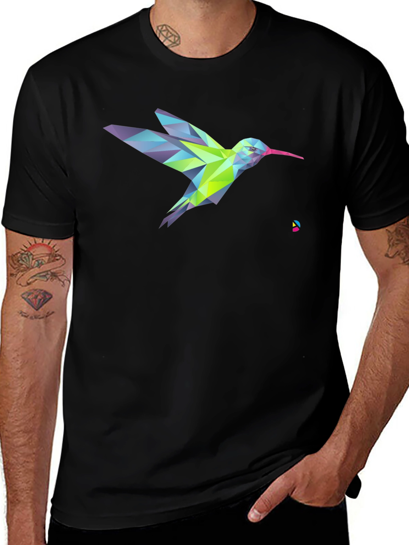 Geometric Hummingbird Graphic Print Black T-Shirt