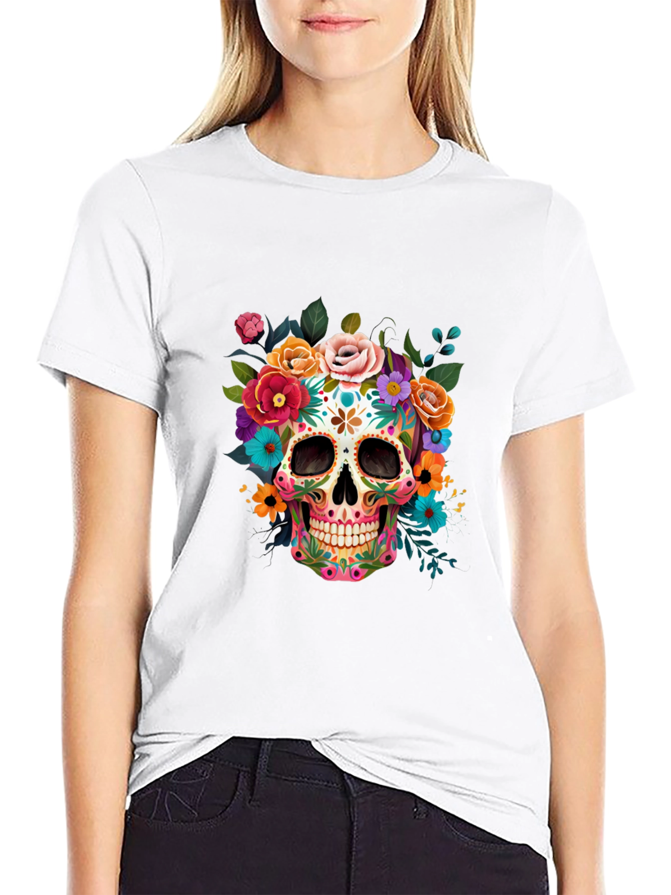 Floral Sugar Skull Graphic Tee - Dia de los Muertos Style