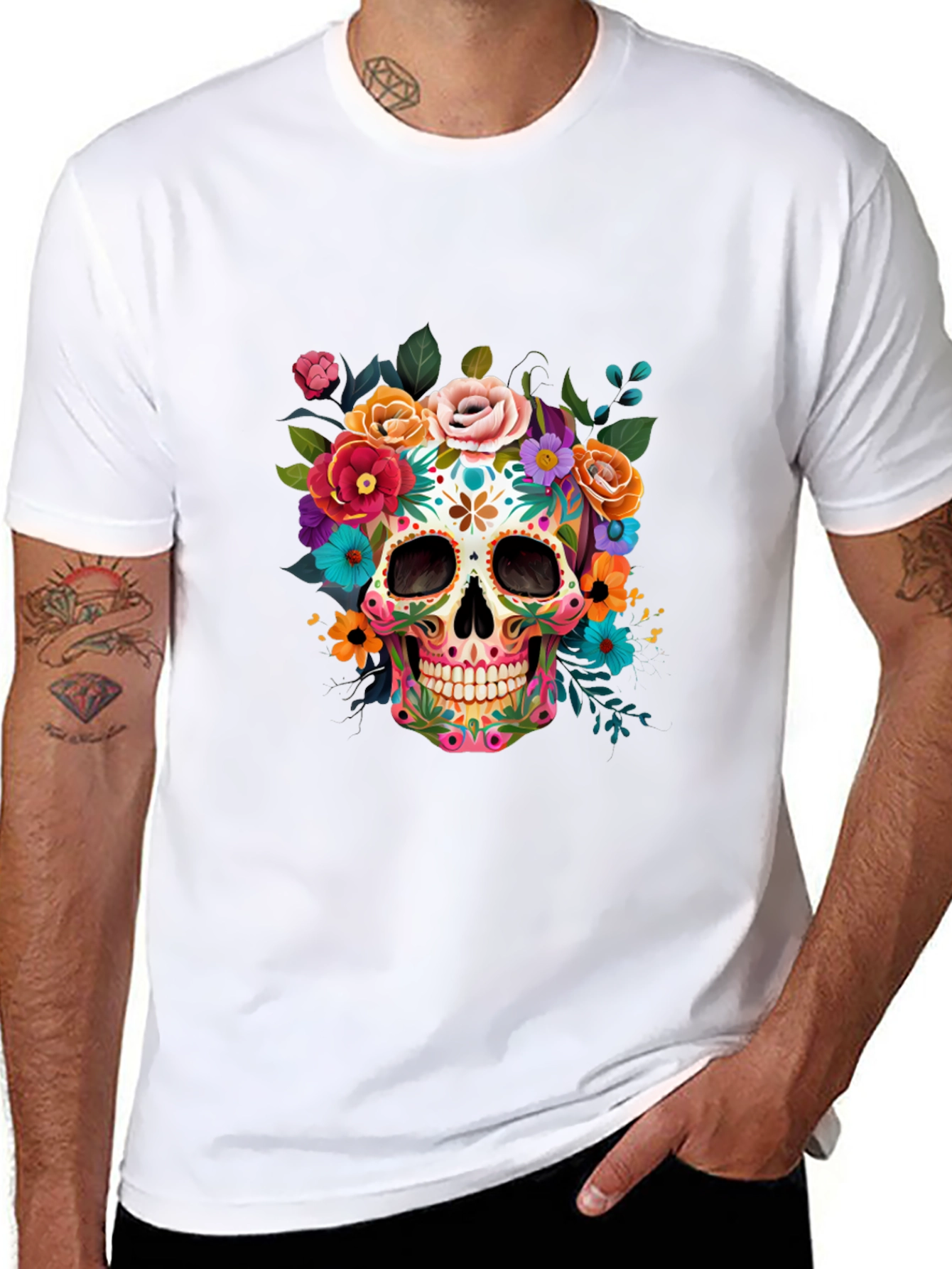 Floral Sugar Skull Graphic Tee - Dia de los Muertos Style