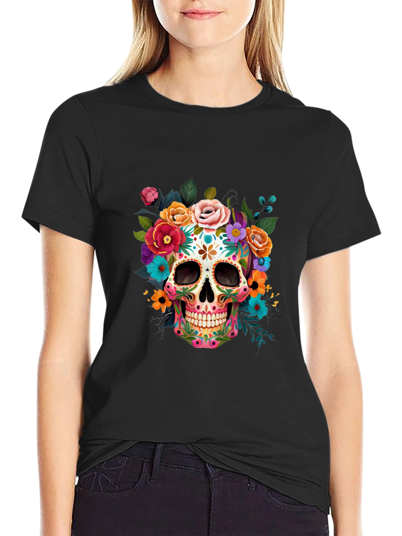 Floral Sugar Skull Graphic Tee - Dia de los Muertos Style