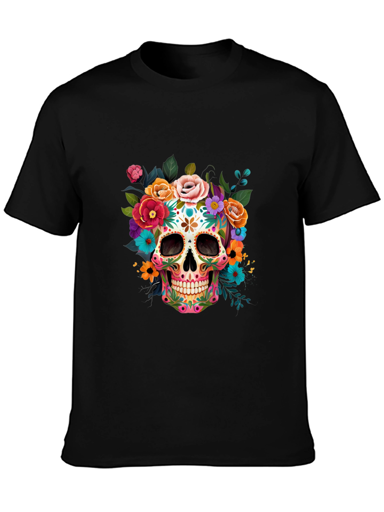 Floral Sugar Skull Graphic Tee - Dia de los Muertos Style