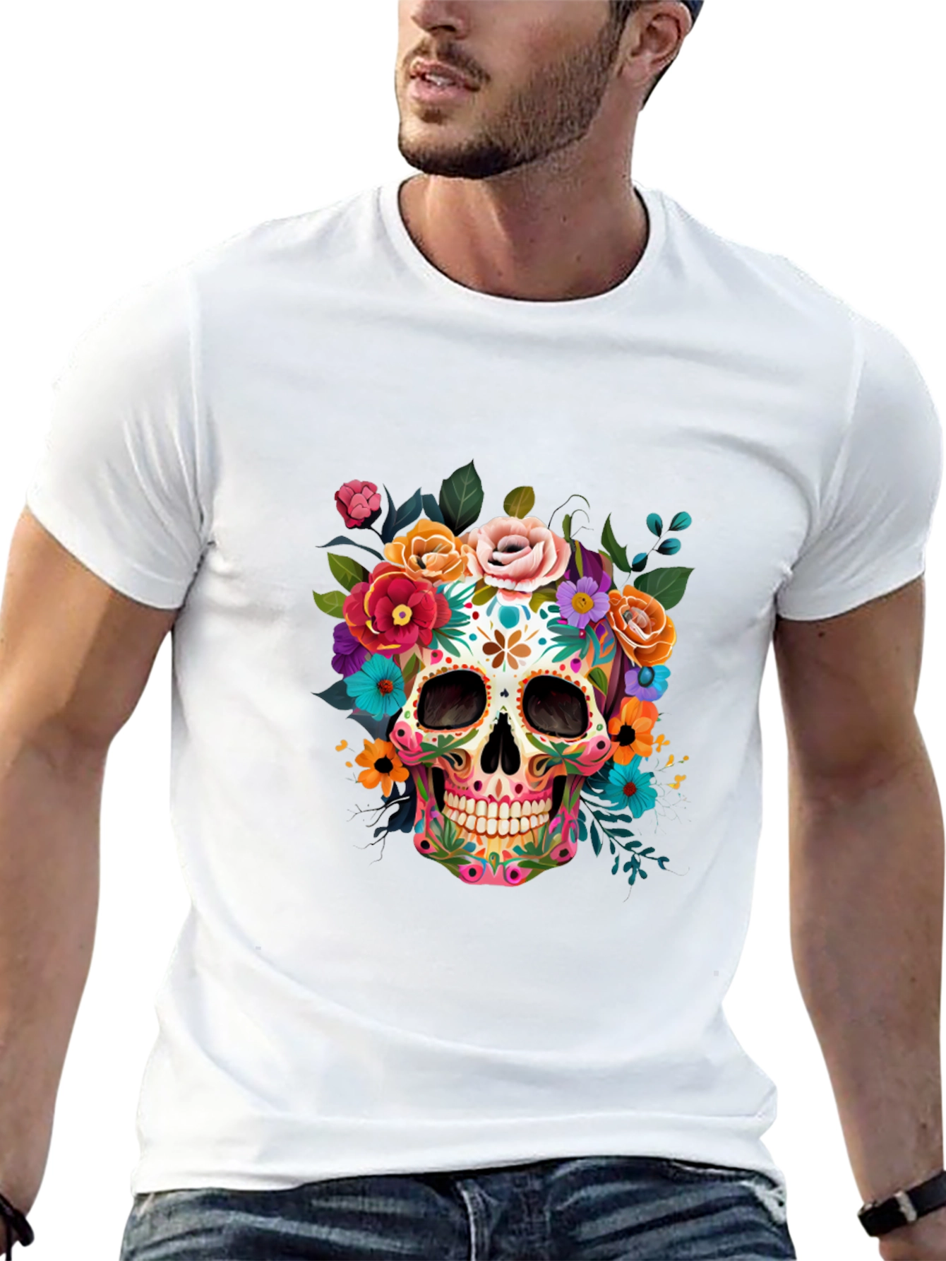 Floral Sugar Skull Graphic Tee - Dia de los Muertos Style
