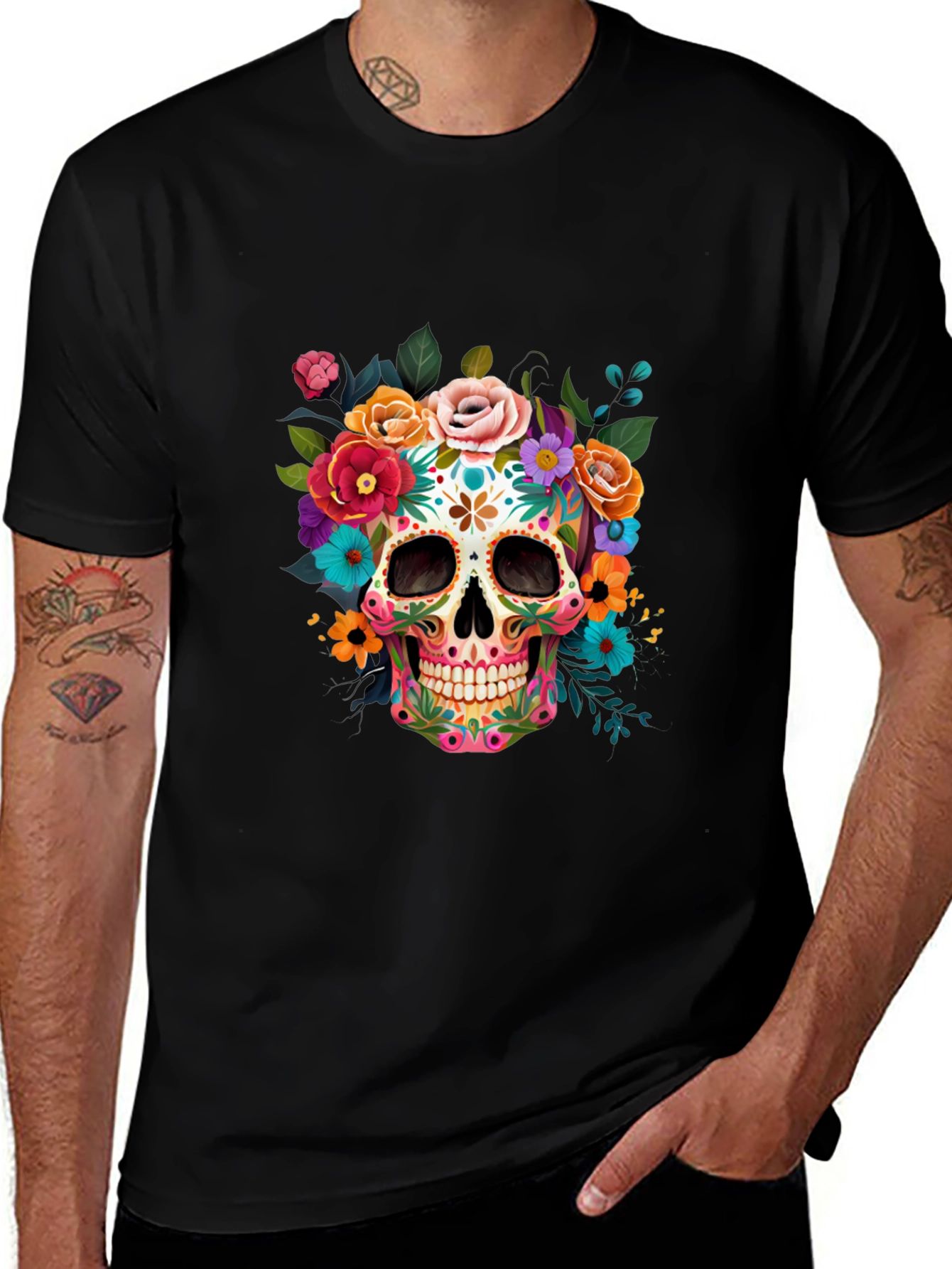 Floral Sugar Skull Graphic Tee - Dia de los Muertos Style