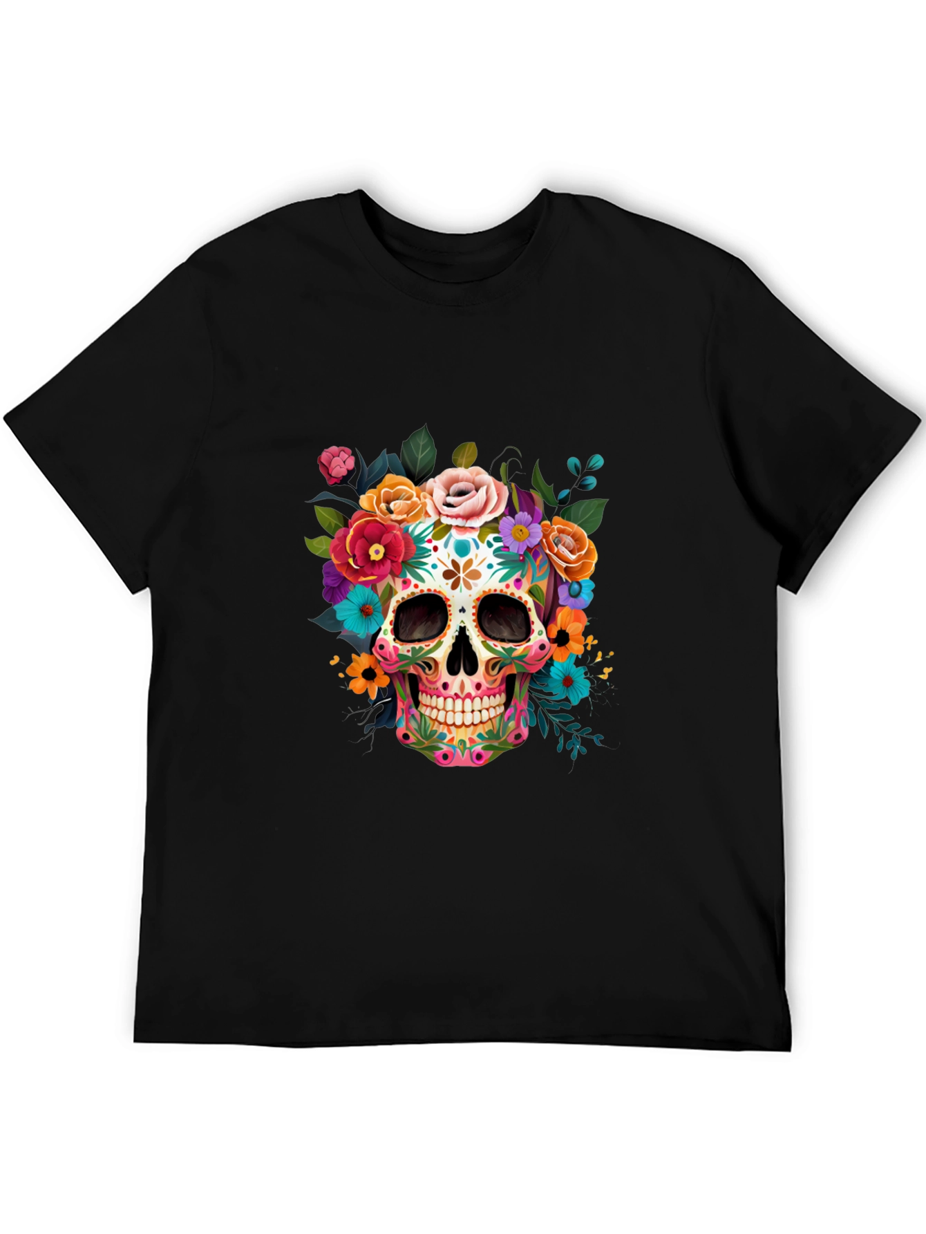 Floral Sugar Skull Graphic Tee - Dia de los Muertos Style
