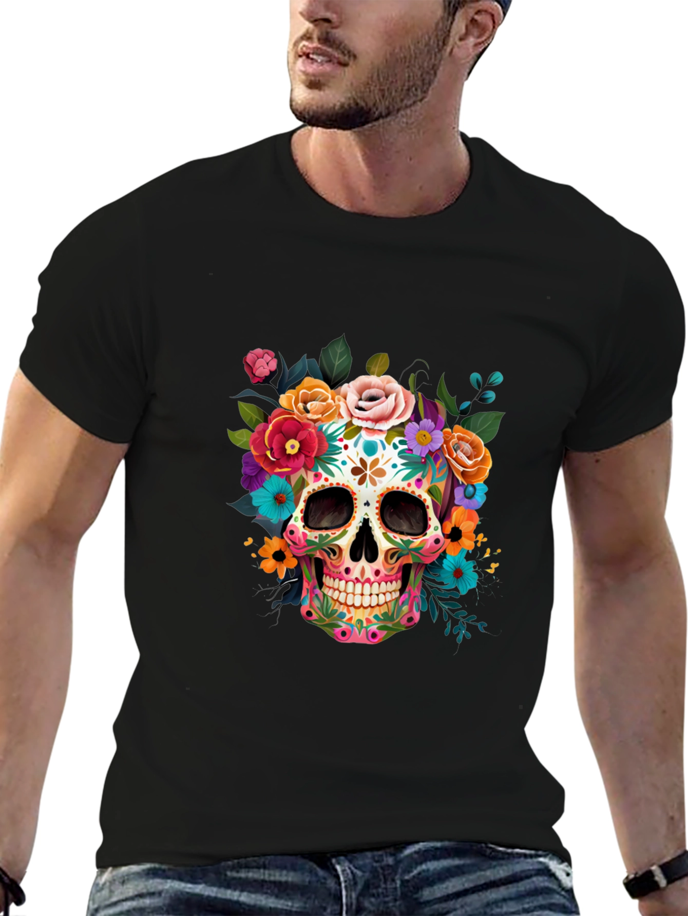 Floral Sugar Skull Graphic Tee - Dia de los Muertos Style