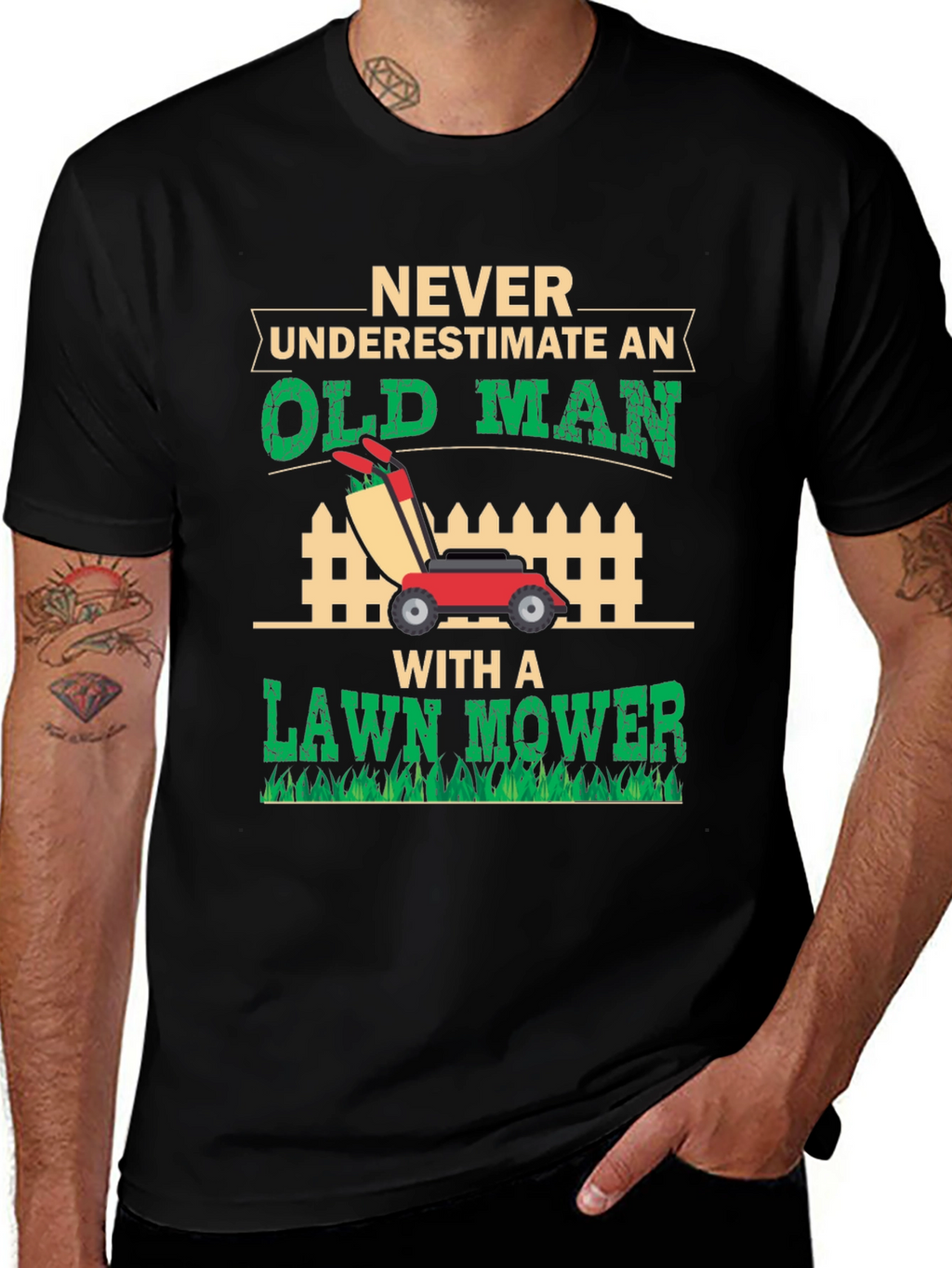 Old Man Lawn Mower Graphic Tee - Black